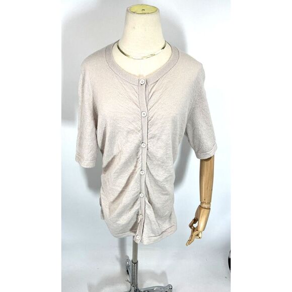 Lafayette 148 XL Cardigan Sweater Beige Ruched Sides Button 1/2 Sleeve - Picture 1 of 13